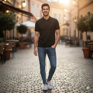 Banana Republic Black Pique Polo Shirt Mens M Organic Cotton Short Sleeve